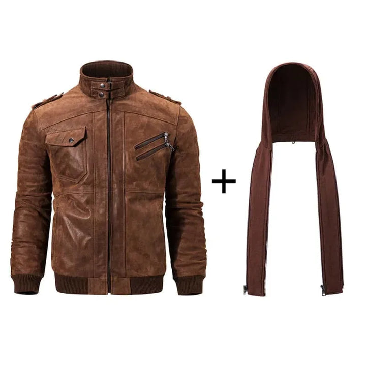 Men's Leather Biker Jacket with Hood