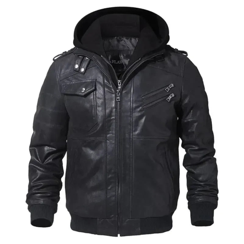 Men's Leather Biker Jacket with Hood