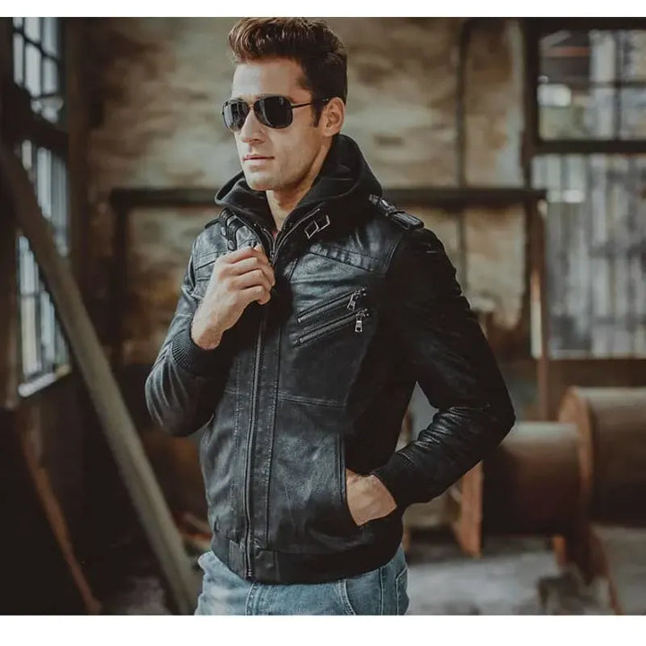 Men's Leather Biker Jacket with Hood