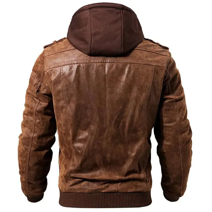 Men's Leather Biker Jacket with Hood